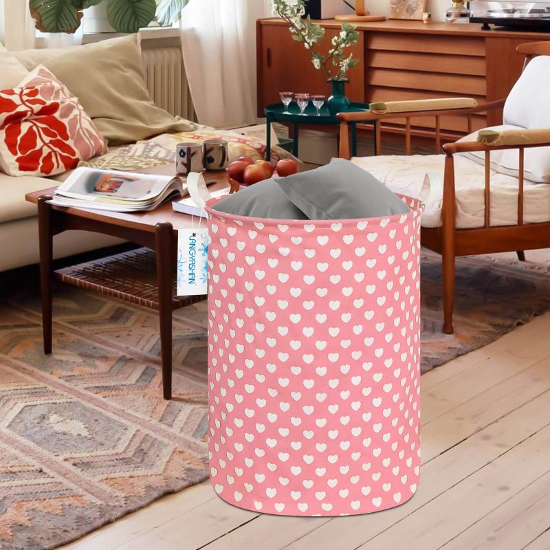 LANGYASHAN Laundry Basket Canvas Fabric Collapsible Organizer Basket for Storage Bin Toy Bins Gift Baskets Bedroom Clothes Children Nursery Hamper (pink heart) - Image 5